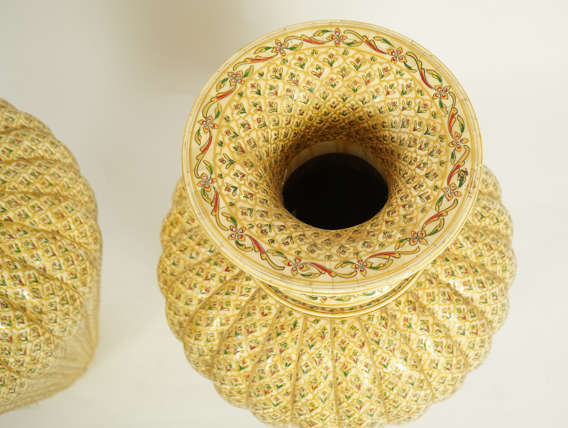A pair of large Indian painted bone veneered vases, in Mughal style
